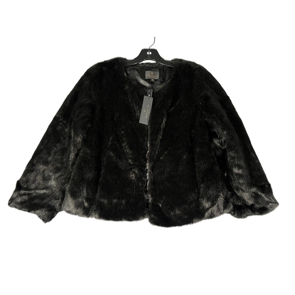 Worthington Petite Black Faux Fur Jacket Open Front Crop Coat PM New